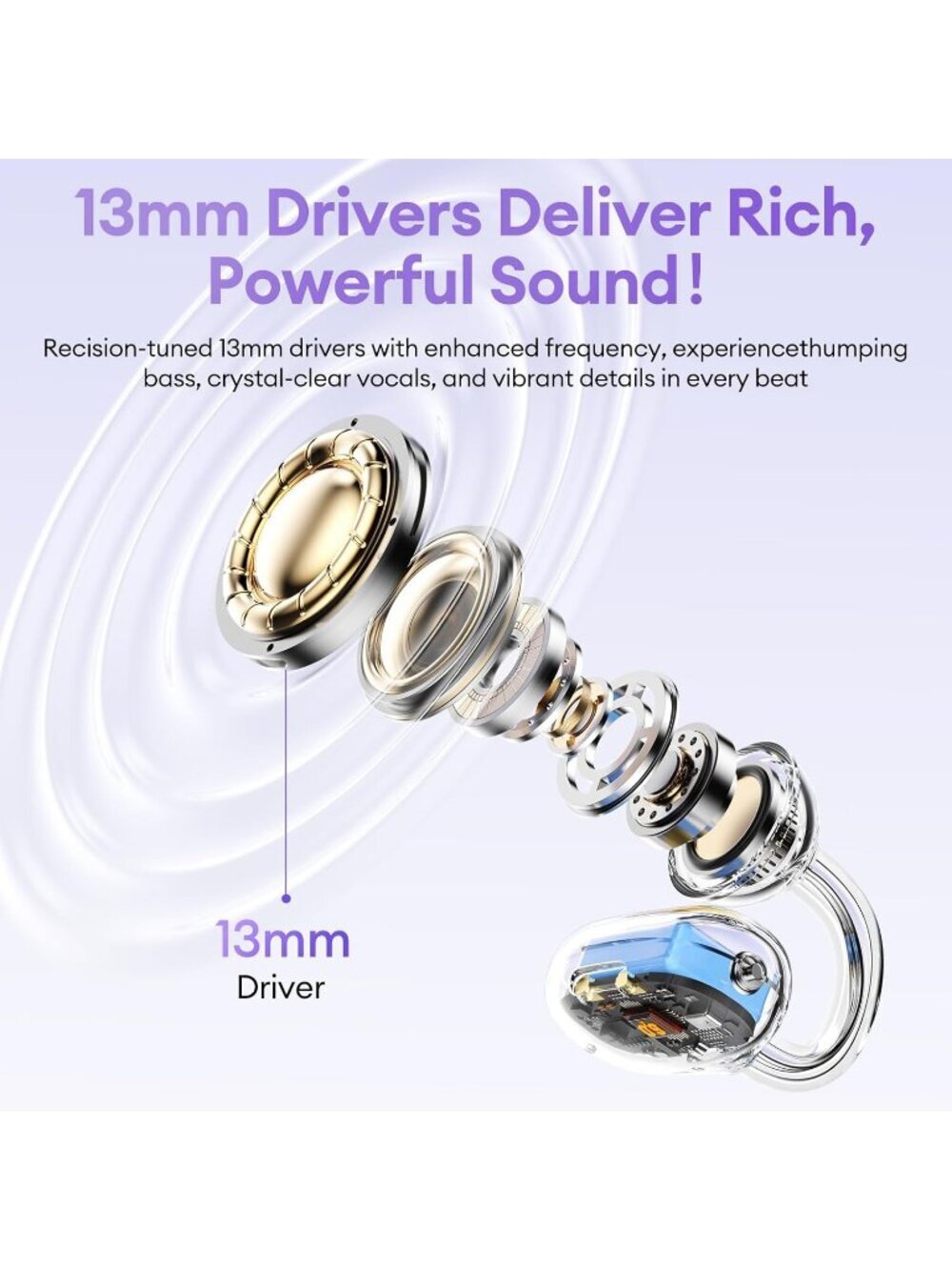 Wireless Purple Clip-On Ultra-long 140H Play Touch Control Bluetooth 6.0 Earbud - Picture 5 of 6